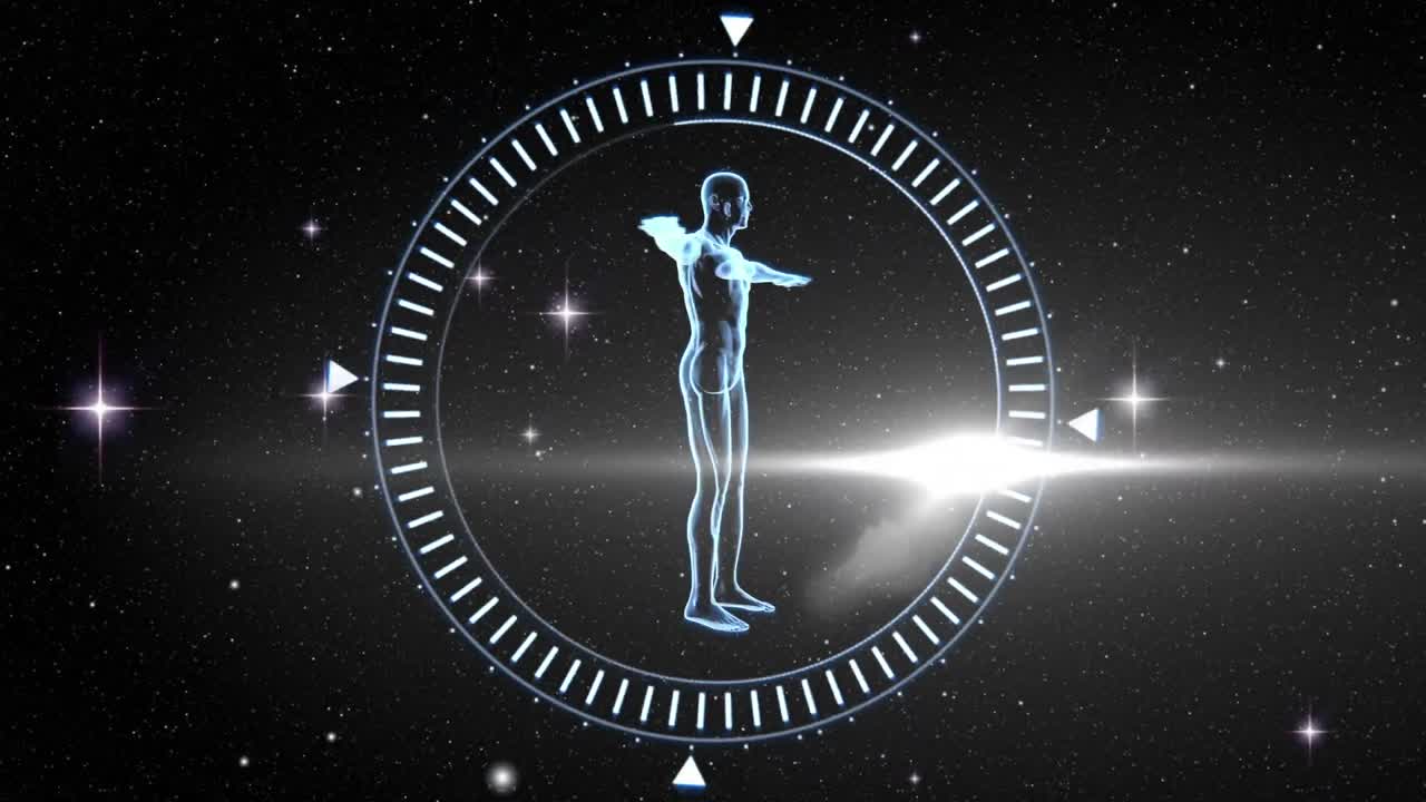modelo del cuerpo humano sobre un círculo girando contra el espacio en el fondo