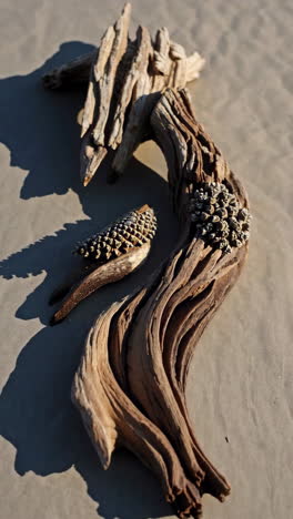 driftwood with barnacles on sand
