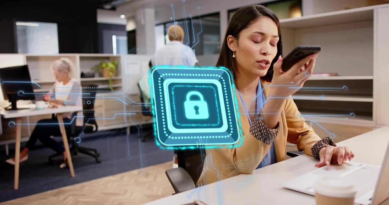 Holographic lock flashing triggers woman holding smartphone tapping screen securing data in office