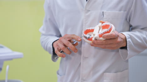dentist demonstrating dental tools on teeth model