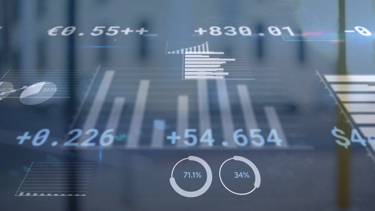 Ved indlæsning animeres finansiel HUD, søjler stiger, skiver skifter, tickers ændrer sig, og viser markedsdata.