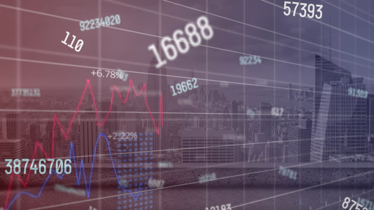 도시 풍경 위의 숫자 애니메이션과 데이터 처리