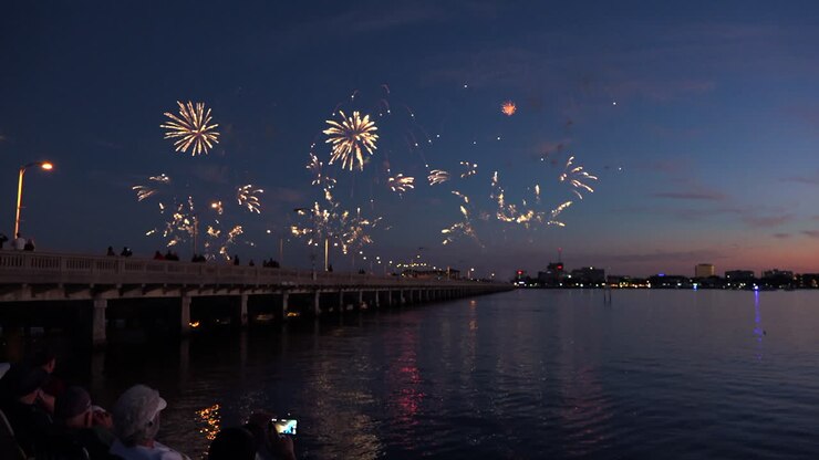 A fireworks display over water marks a big holiday