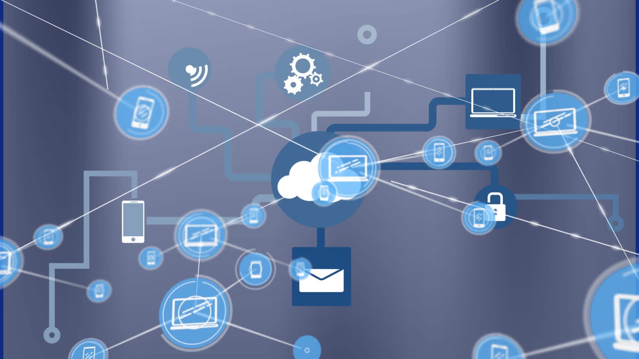 Animation of network of connections with people icons over digital cloud icon