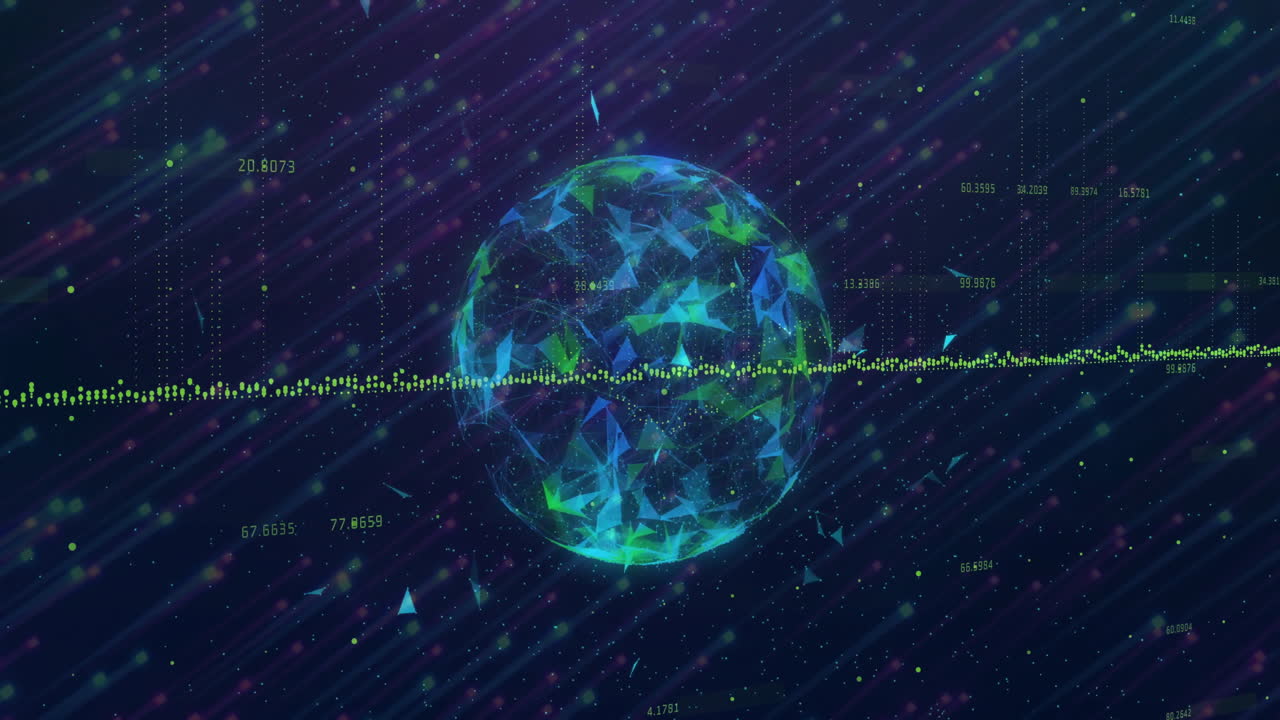 Animation of digital globe with data points and geometric shapes on dark background