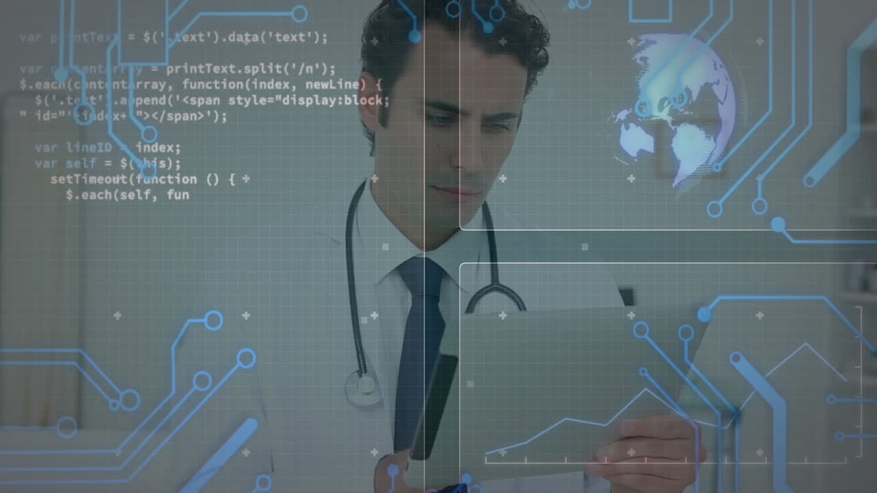 Male doctor examining tablet with stethoscope in health clinic, showing code circuit globe graphs