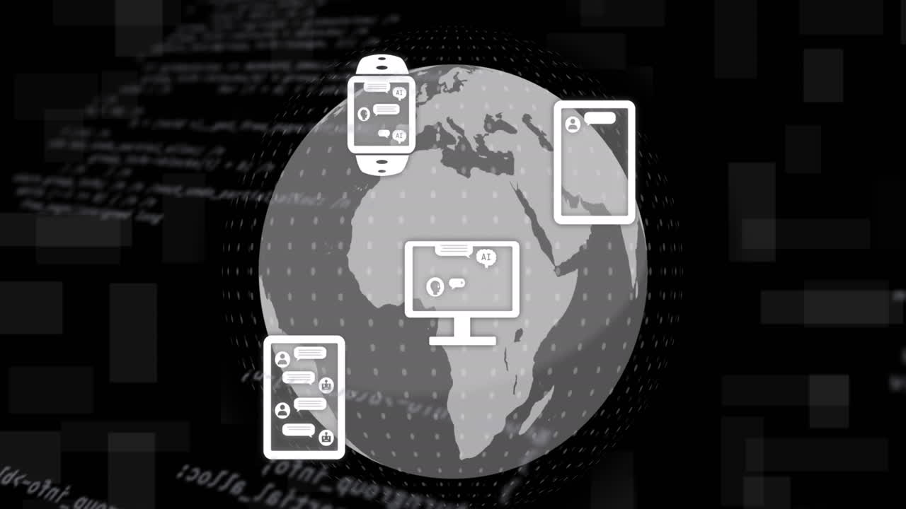 animación de iconos, globo giratorio y lenguaje informático sobre fondo negro