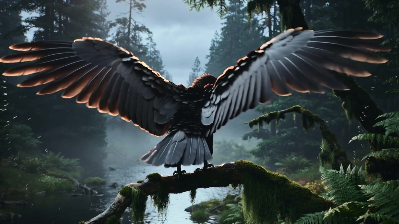 Flapping raptor bird shaking water from wings on mossy branch over forest stream, drying feathers