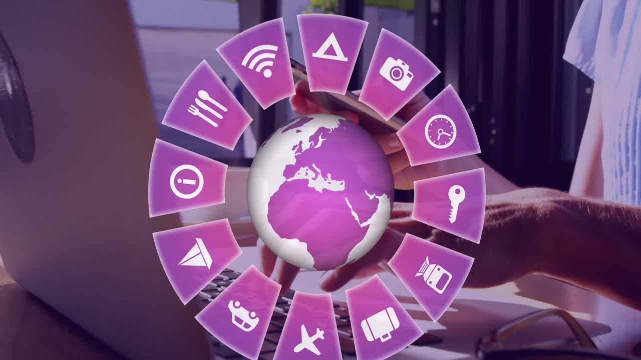 animación de iconos de viajes con globo y mujer caucásica usando un teléfono inteligente