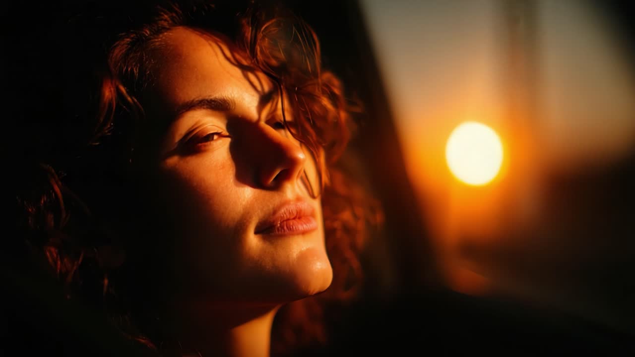A moment of serenity captured in golden light, highlighting a woman's peaceful expression as the sun sets, evoking a sense of introspection and tranquility amidst nature's beauty
