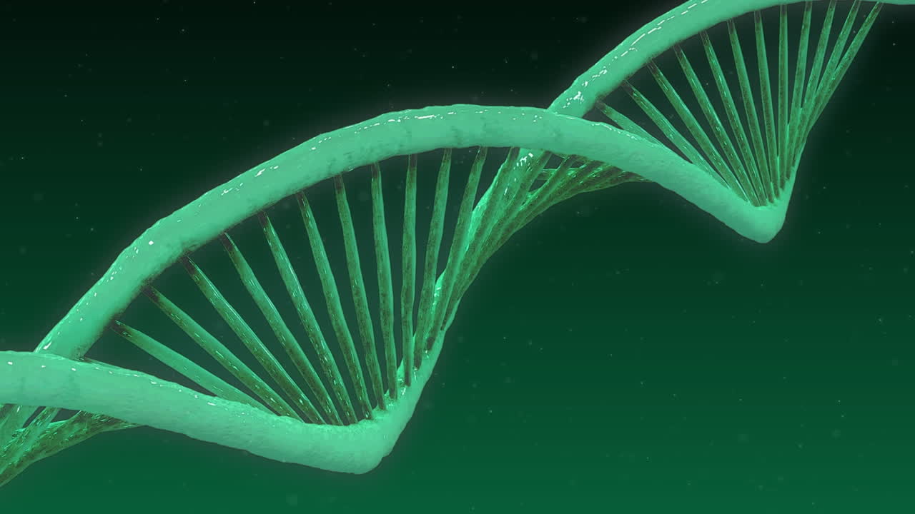 Animazione macro di un filamento di DNA in rotazione su sfondo verde
