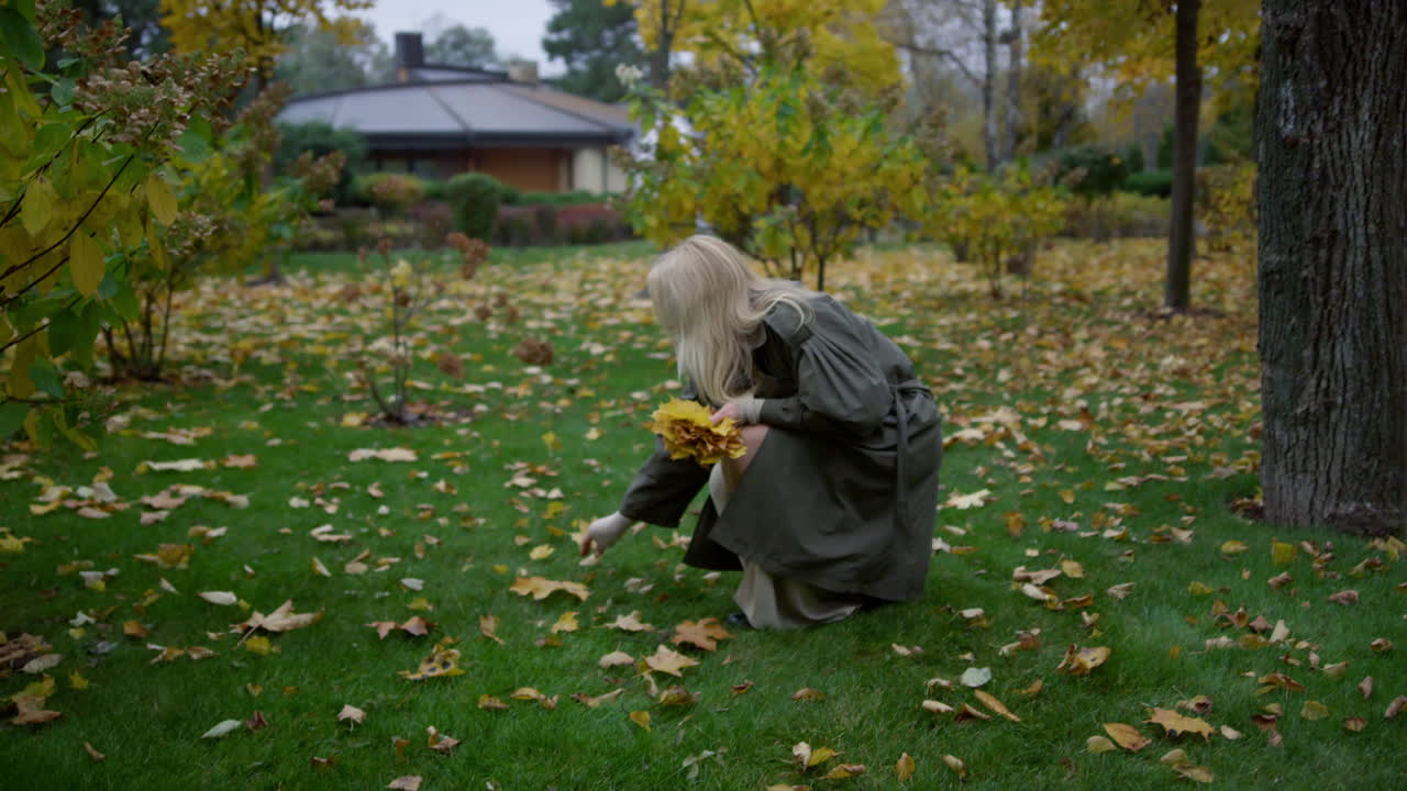 широкий снимок красивой женщины с длинными светлыми волосами, гуляющей осенью.