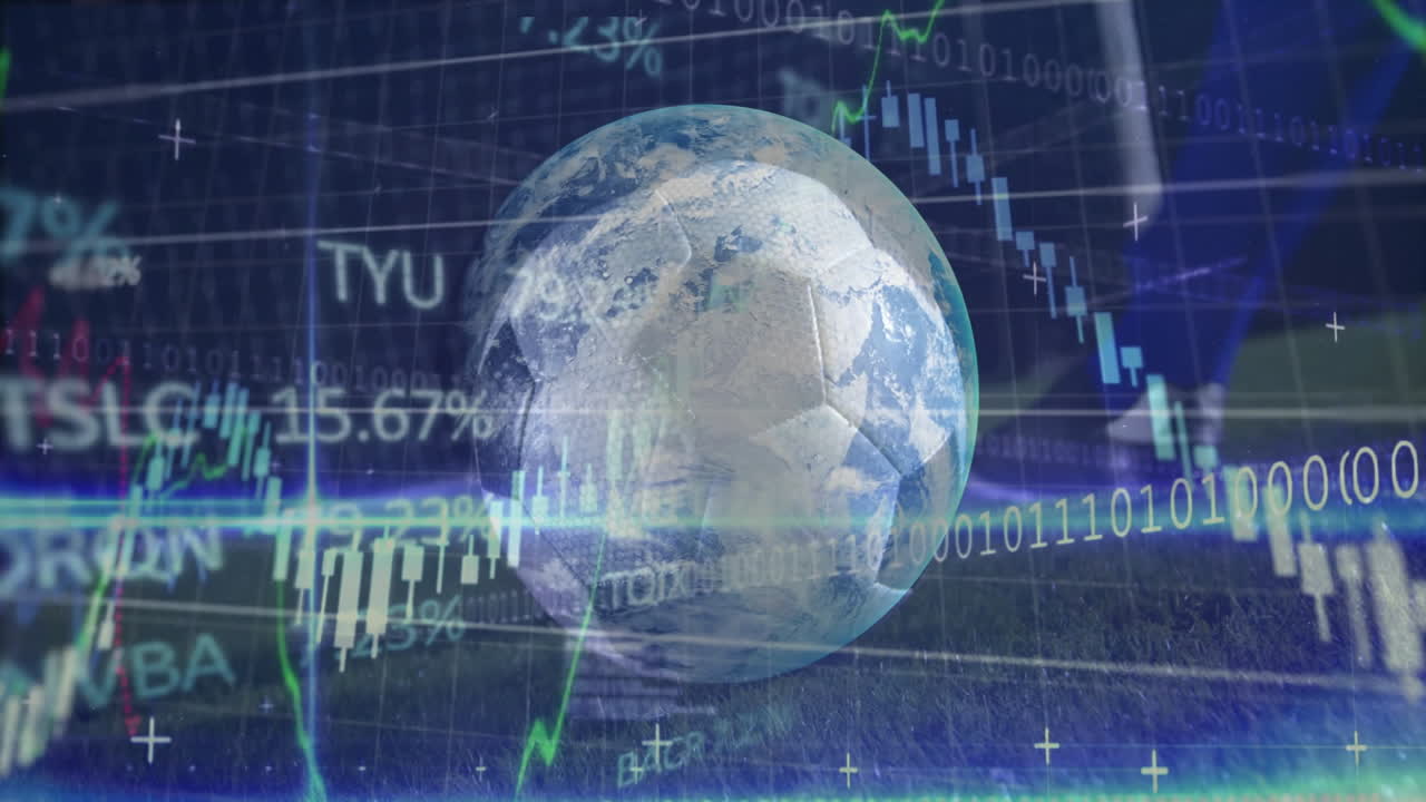 Globe with financial graphs and data processing animation over digital background