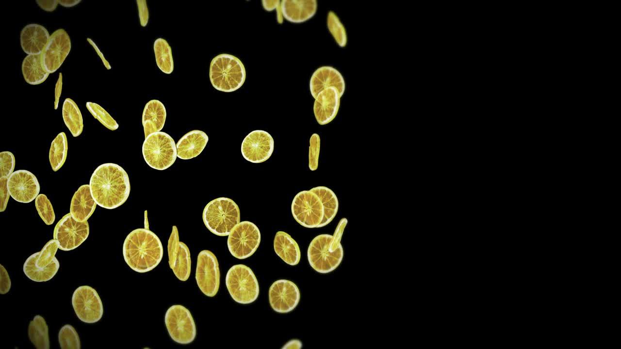 검은 바탕에 많은 건조 레몬을 날아. 탈수 된 과일, 음식 개념. 3d 애니메이션 조각 된 과일 레몬 회전. 루프 애니메이션.