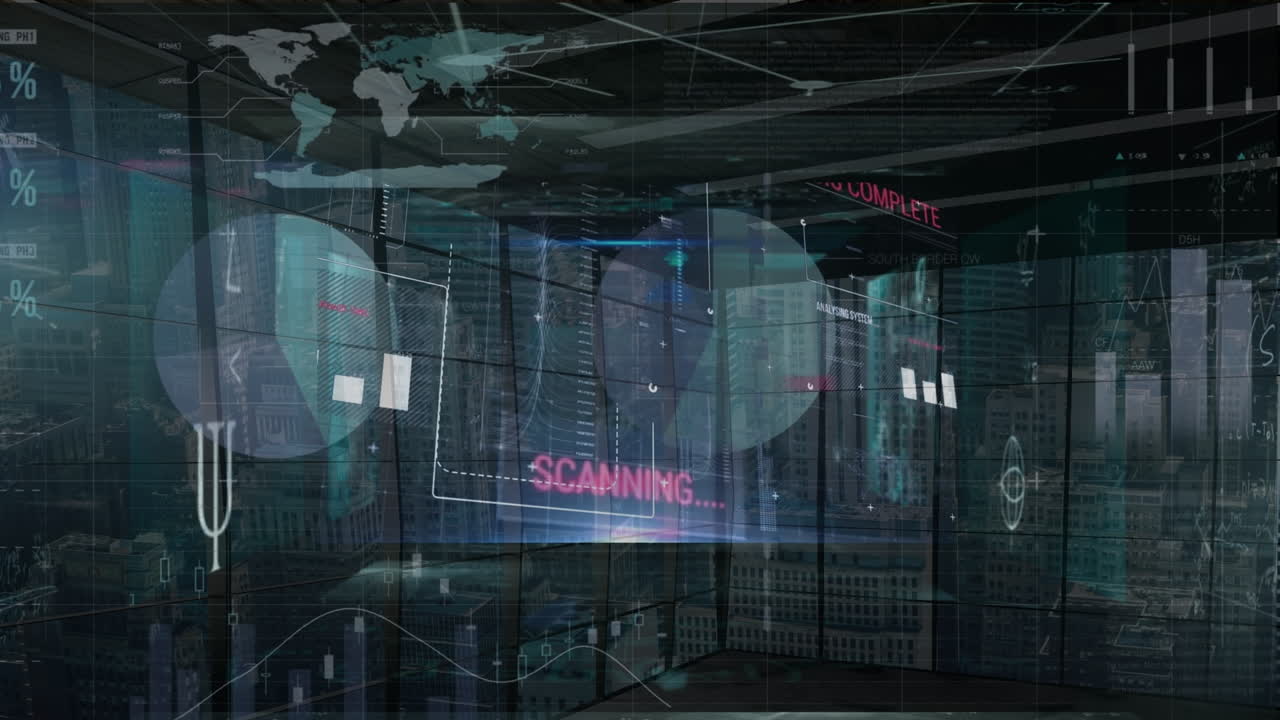 Animation of data processing over cityscape