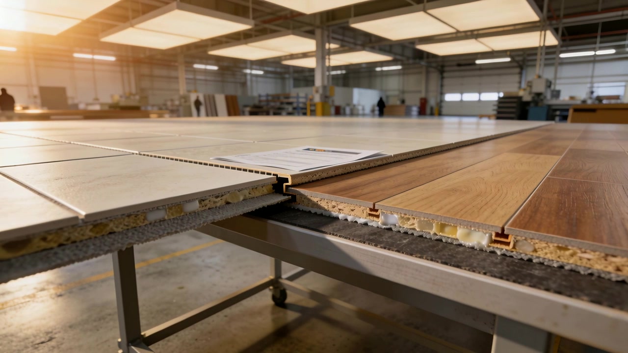 Camera zooming into joined edges, workers in jackets inspecting panels on metal table for quality