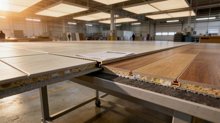 Camera zooming into joined edges, workers in jackets inspecting panels on metal table for quality