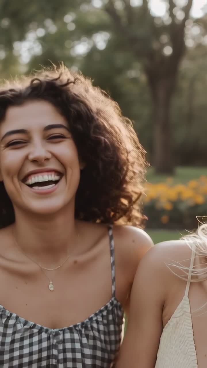 Video vertical: Riendo después de un chiste, dos amigas en vestido de cuadros vichy en un banco del parque, mostrando colgantes.