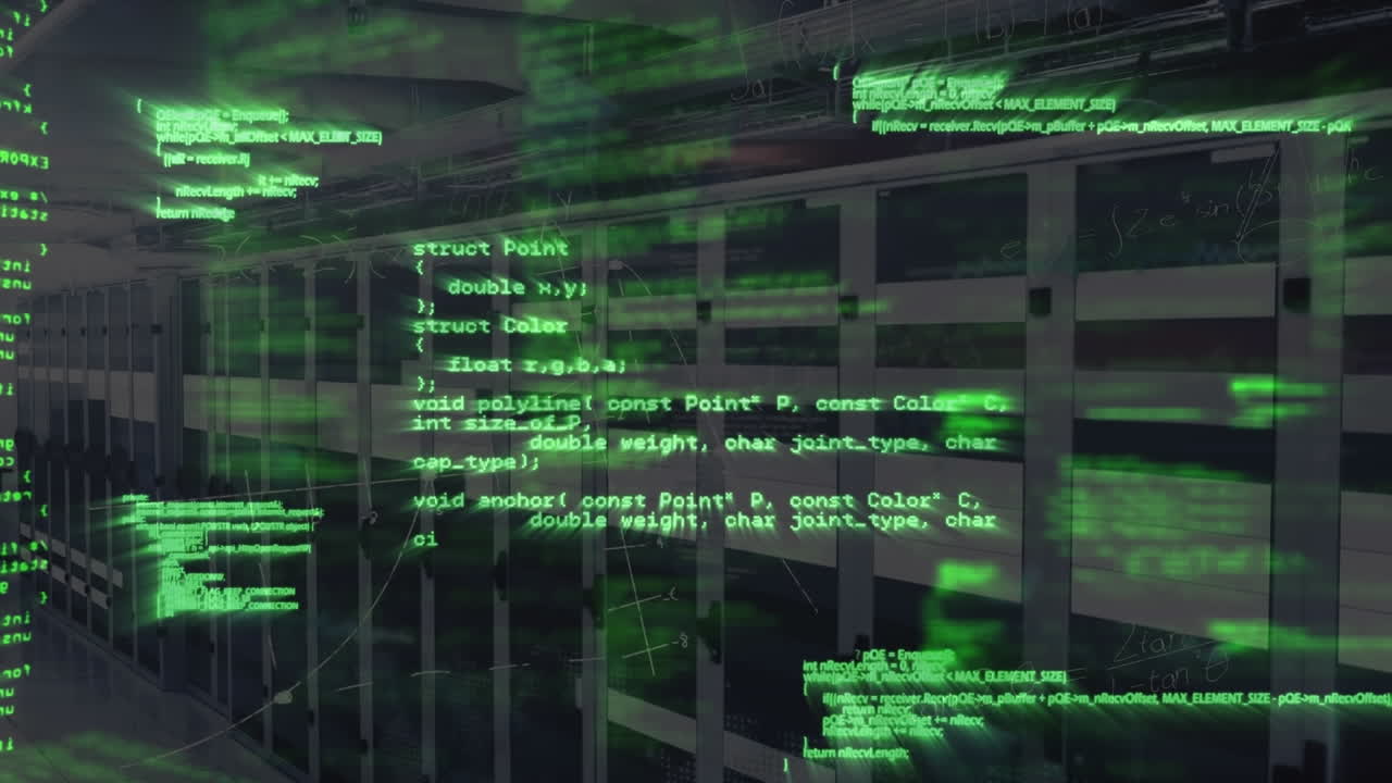Animation of computer language, square over mathematical equations and diagram on server room