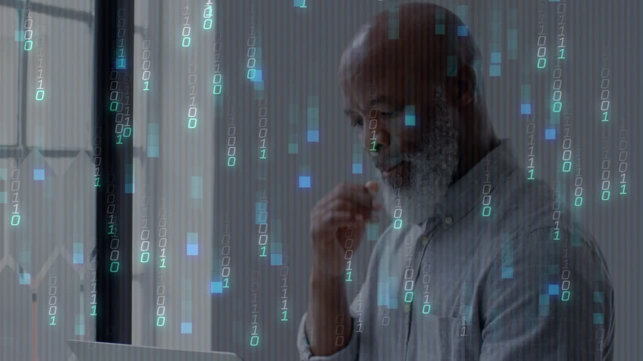 Professional typing on laptop by window, initiating animated binary overlay during data analysis