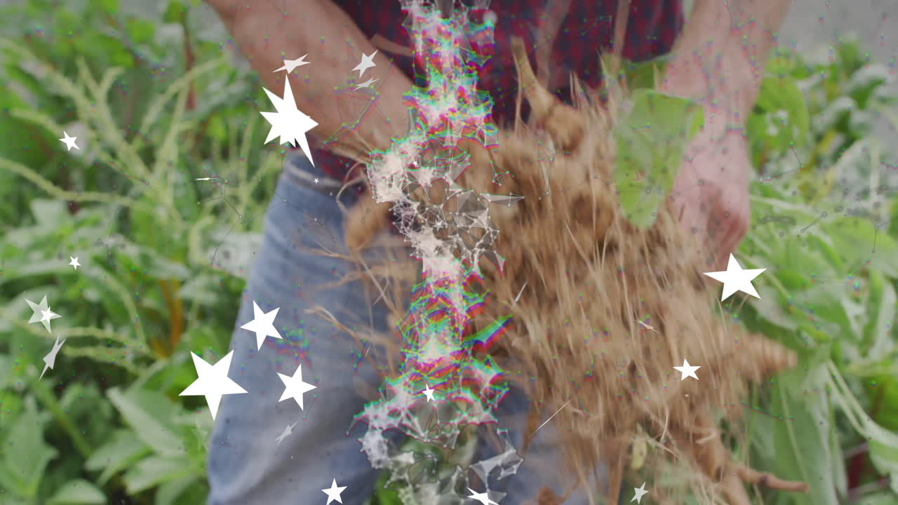 Holding plant roots, farmer with colorful star animation overlay in garden