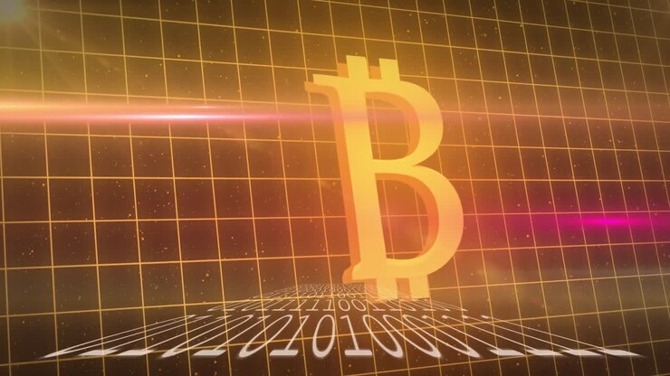 Simbolo bitcoin su codice binario contro linee della griglia