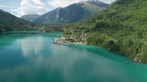 sande camping situated on loenvatnet lake is seen from the air