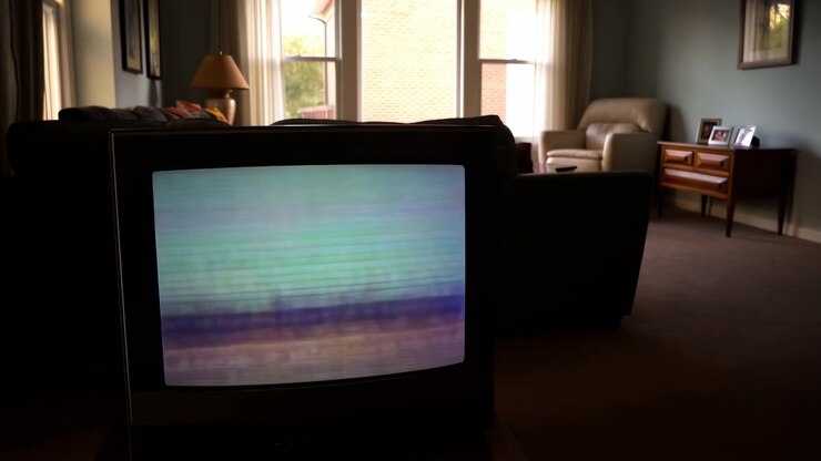 Un televisor retro brilla en primer plano con bandas pastel cambiantes y textura estática, mientras muebles oscuros, cortinas y ventanas luminosas crean un contraste interior melancólico, nostalgia y profundidad cinematográfica.