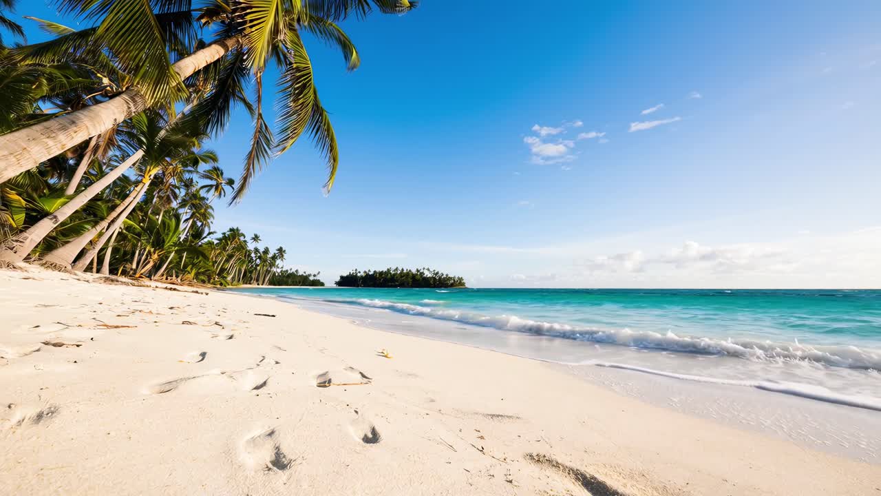 Vídeo em ângulo aberto de uma praia tropical com palmeiras e céu azul claro, Live desktop