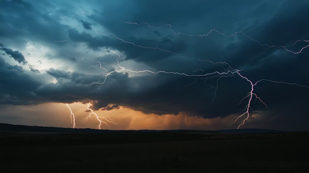 Sending dark shelf cloud releasing jagged lightning after right-horizon bolt, lighting orange sky
