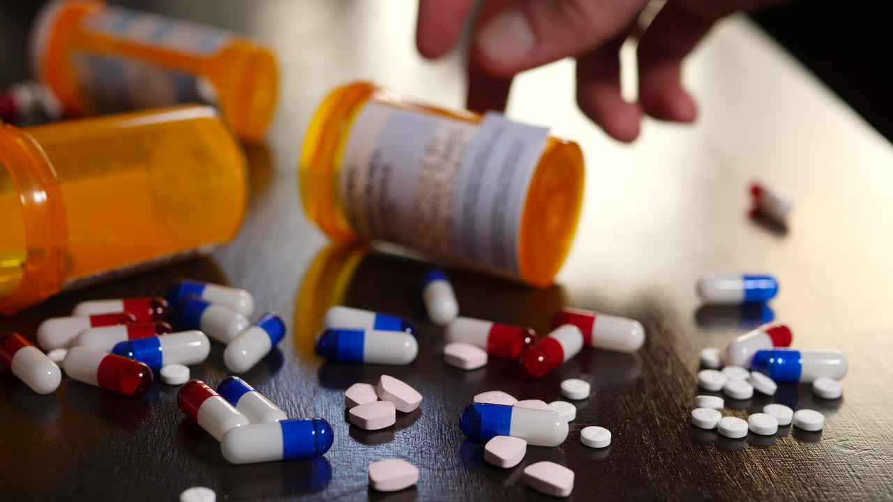 약물 중독자가 취하기 위해 광란의 검색에 처방 진통제, 마약 및 약을 쏟아 붓습니다.