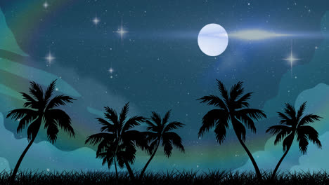 animación de un astronauta sosteniendo una radio sobre palmeras, estrellas y luna en el cielo