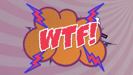 animation of wtf text over a retro speech bubble against purple radial rays on grey background