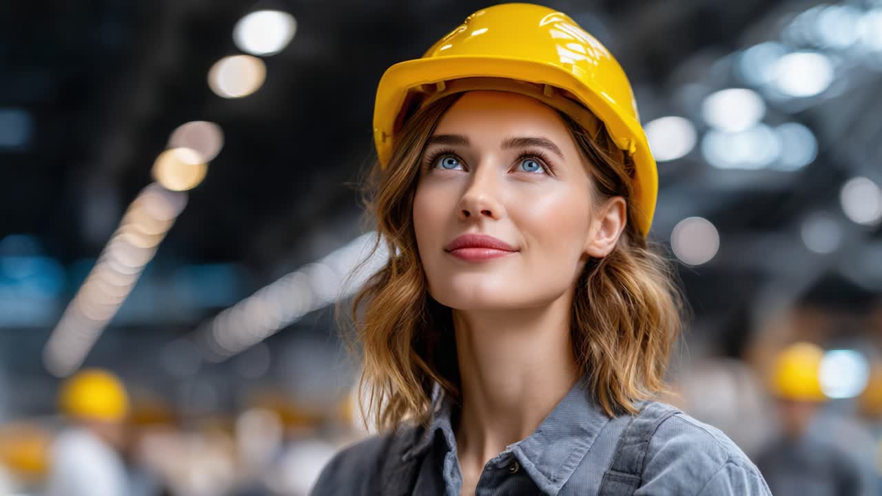 Portrait of a Confident Female Construction Worker in a Hard Hat, Reflecting Determination and Ambition in an Industrial Environment