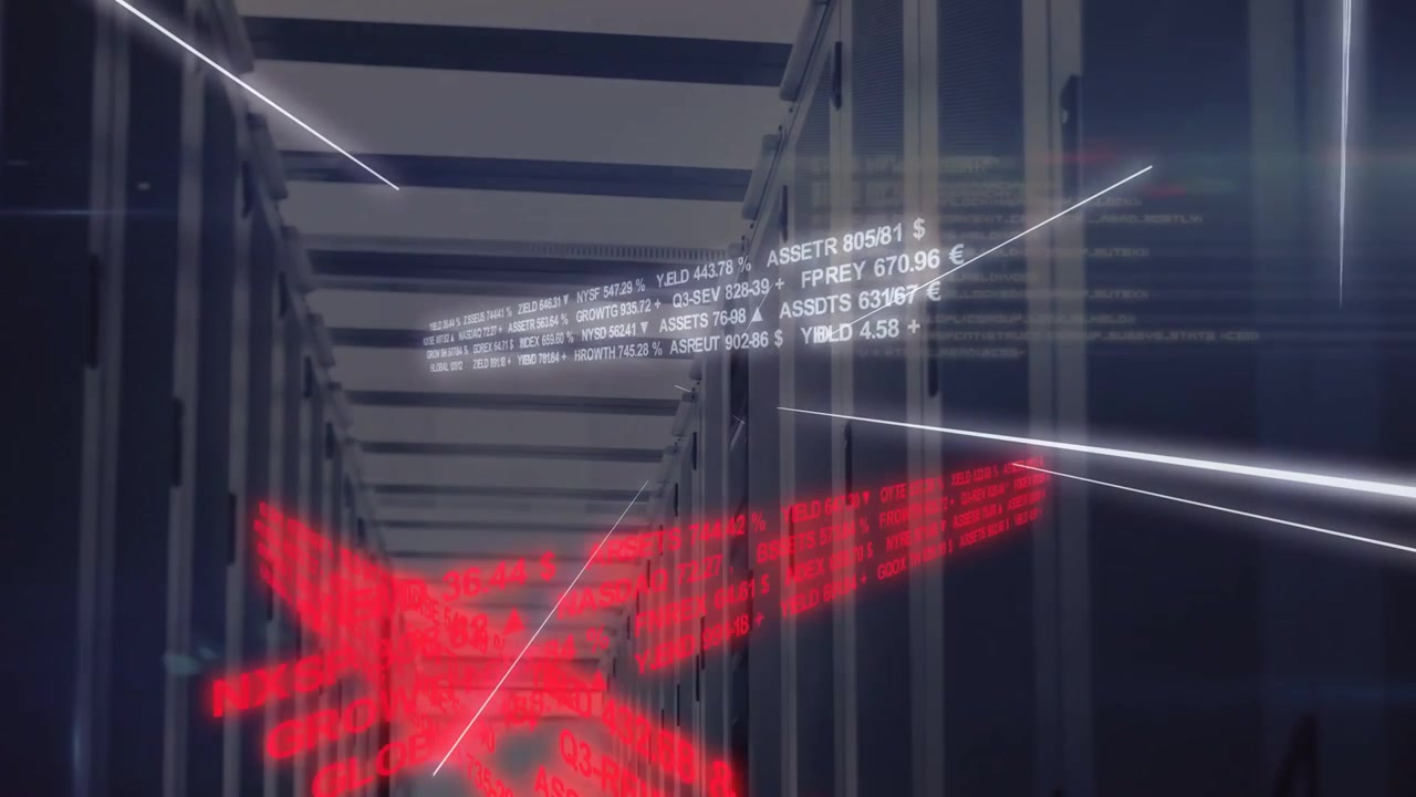 Rack aisle receiving white ticker popping, sweeping red finance bands, light beams mapping flow