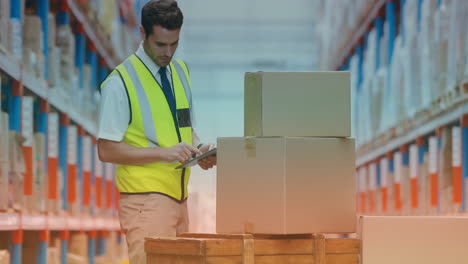 checking inventory on tablet, warehouse worker over logistics animation