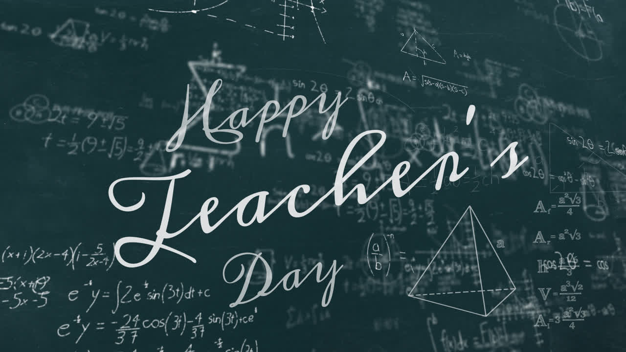Animação de texto "Feliz Dia do Professor" sobre equações matemáticas em fundo verde