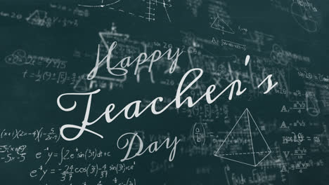 animation of happy teacher's day text over mathematical equations on green background