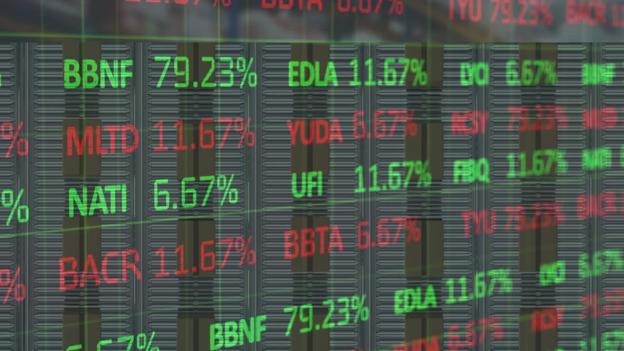 Animazione di elaborazione dati finanziari su scatole di cartone su un nastro trasportatore in un magazzino