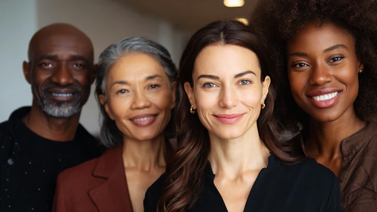 Um grupo diversificado de pessoas sorrindo, demonstrando união e amizade em um ambiente acolhedor, com expressões radiantes e conexão genuína