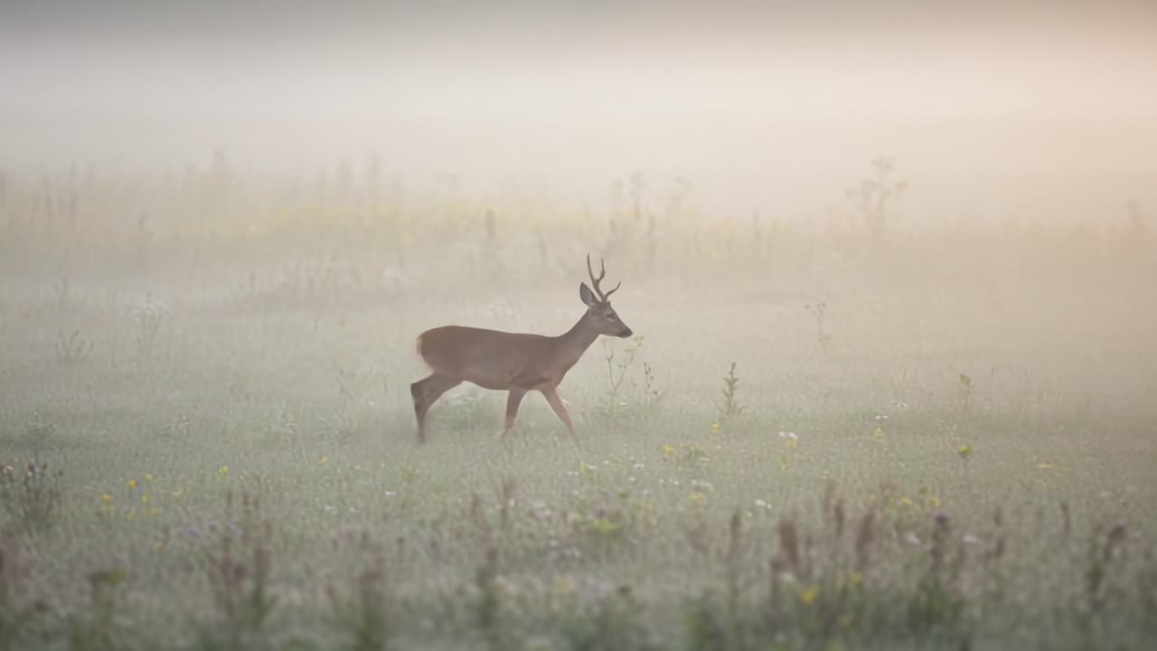A Serene Deer Wandering Through a Misty Meadow at Dawn, Capturing the Tranquility and Beauty of Nature in Early Morning Light