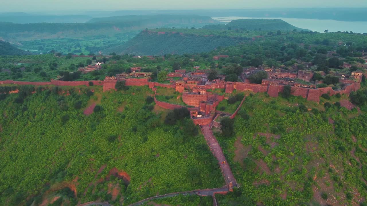 Aerial Drone shot of a Indian Fort during time of Sunrise at Narwar , Shivpuri , Madhya Pradesh