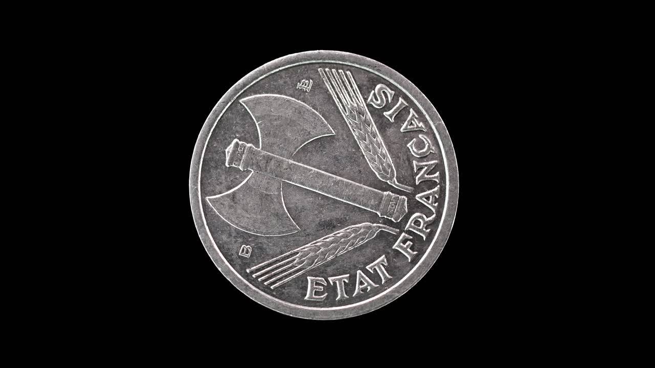 France 1943 1 franc coin obverse with axe fasces and inscription État Français rotating on black background