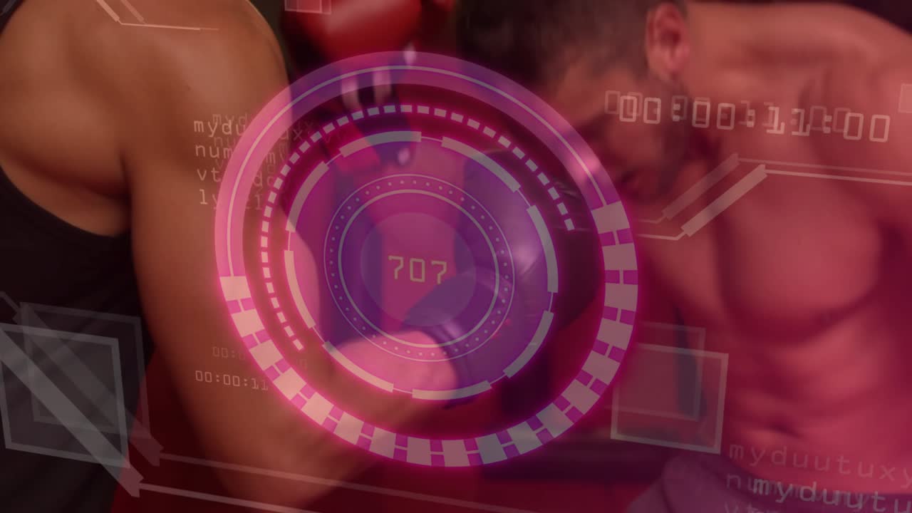 Due partner di allenamento maschili che muovono i torsi, causando la rotazione dell'HUD rotondo e la misurazione delle metriche di fitness