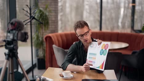 charismatic curly young man recording a video presentation in a cafe