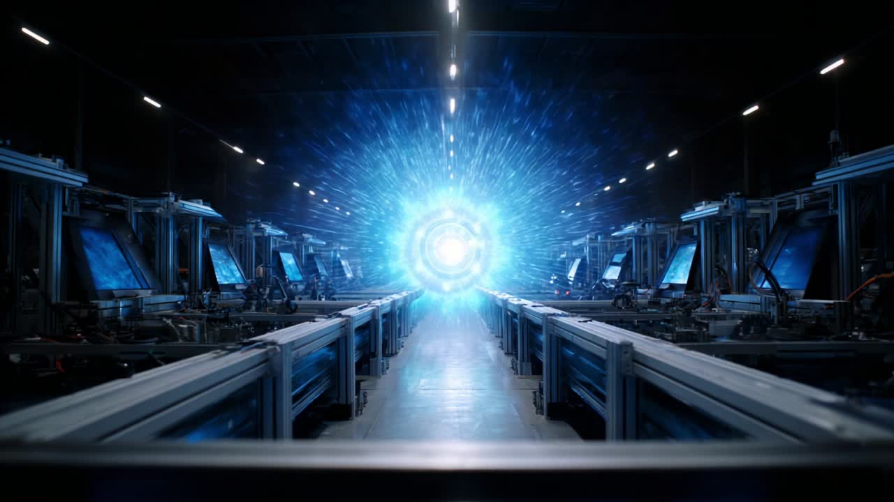 A mesmerizing corridor of advanced technology leads to a brilliant blue portal that seems to pulse with energy, hinting at a realm of untold possibilities and futuristic innovation just beyond the horizon