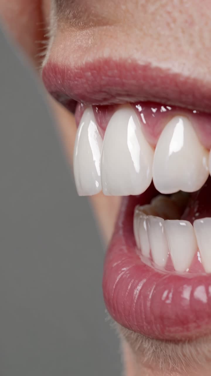 Video ravvicinato di una bocca sorridente che mostra denti bianchi. Acquisito da un angolo laterale.