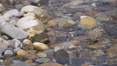 tilt up shot of small rocky stream with fresh water of mountains spring in slow mo - natural river in wilderness during summertime