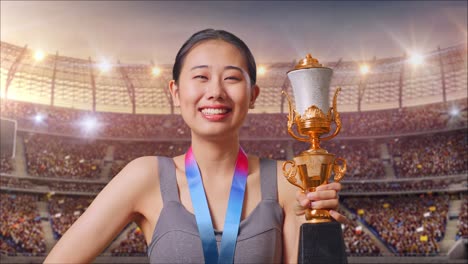 woman celebrating victory with a trophy