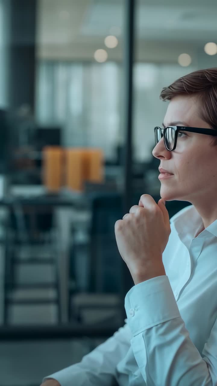 Vídeo vertical: Mujer en un escritorio reaccionando a una alerta en la pantalla, estirándose, apoyando la barbilla, con gafas y camisa blanca